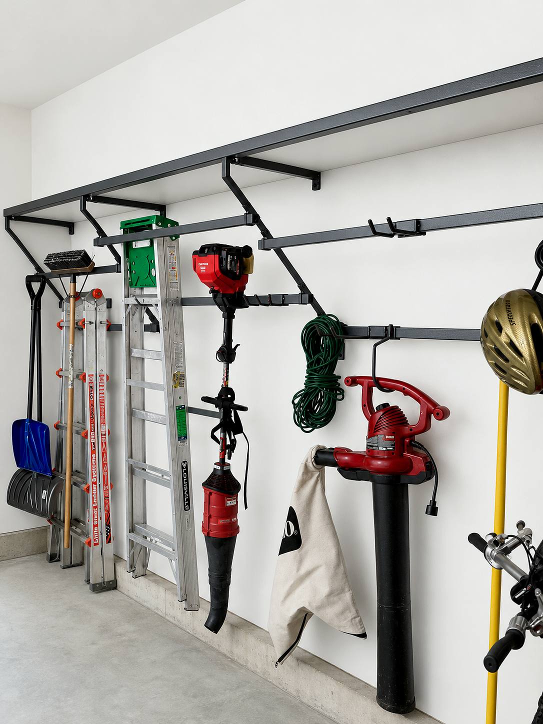 Overhead NX Rack storage system holding ladders, tools, and gear