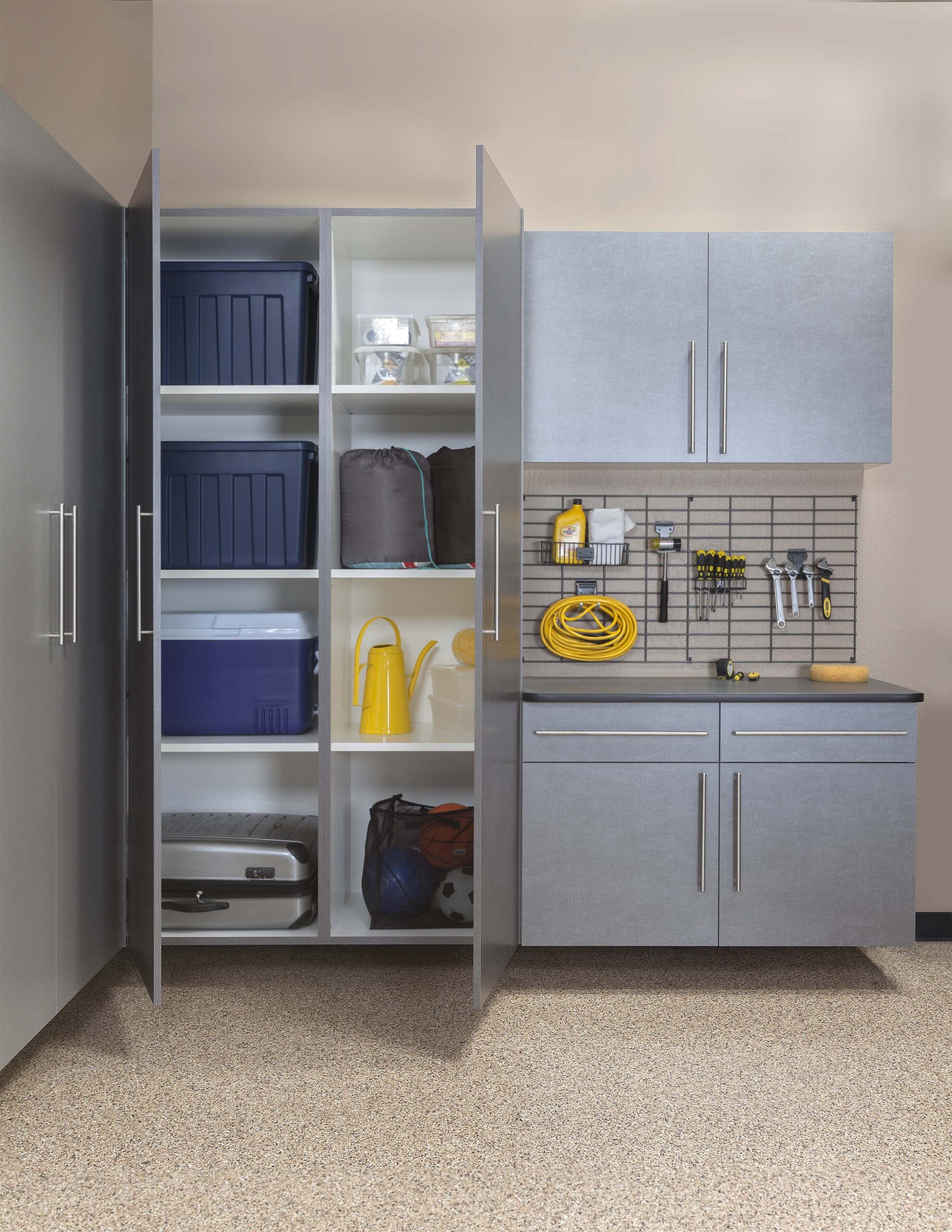 Pewter cabinets with finished garage floor